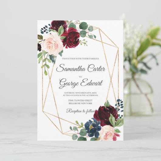 赤面エレガントブルゴーニュとピンクと海軍のフローラ 招待状 (スタンド正面)