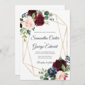 赤面エレガントブルゴーニュとピンクと海軍のフローラ 招待状 (正面/裏面)