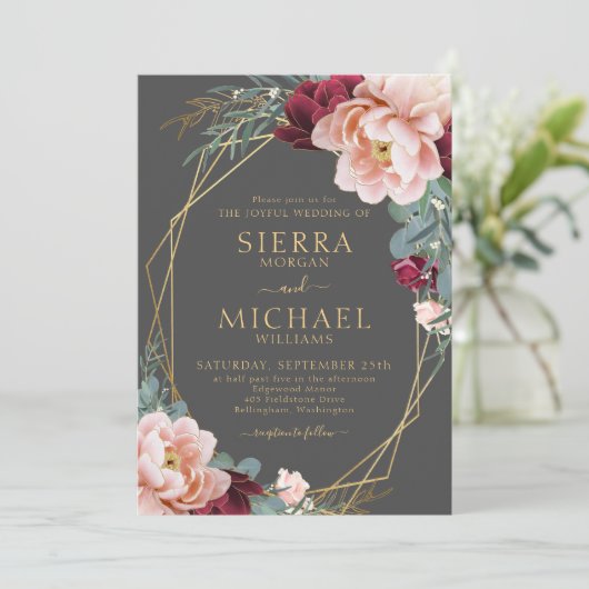 赤面エレガントブルゴーニュグレイ金ゴールド牡丹結婚ズ 招待状 (スタンド正面)