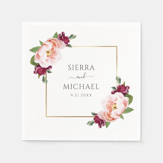 赤面エレガントブルゴーニュフローラ結婚金ゴールド スタンダードカクテルナプキン (正面)