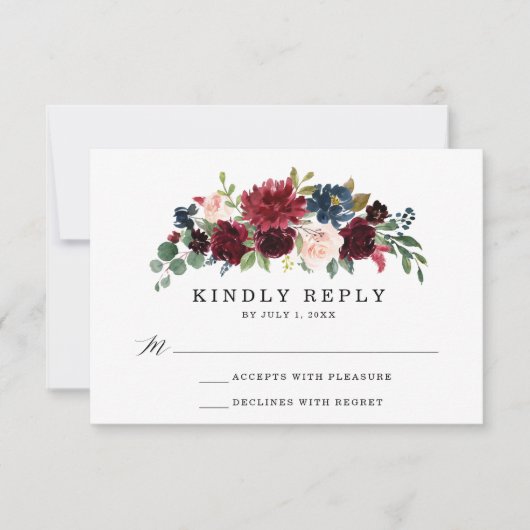 赤面エレガントブルゴーニュ海軍フローラ結婚ズ 出欠カード (正面)