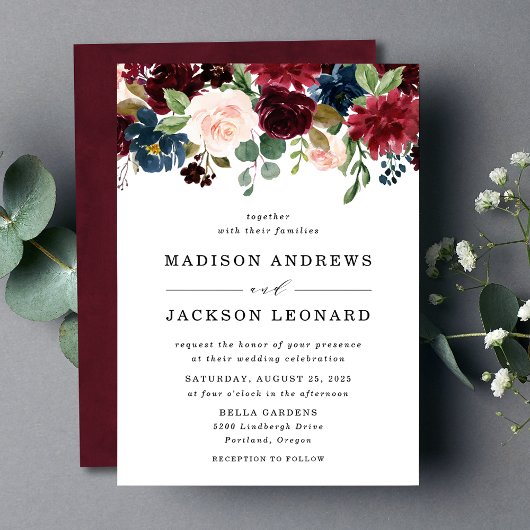 赤面エレガントブルゴーニュ海軍フローラ結婚ズ 招待状