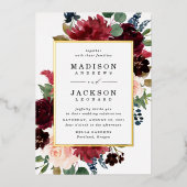 赤面エレガントブルゴーニュ海軍フローラ結婚ズ 箔招待状 (正面)