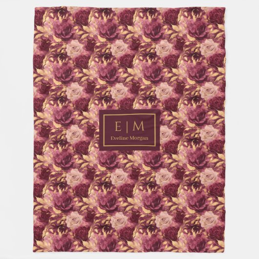 赤面エレガントブルゴーニュ金ゴールドフローラパーソナライズされた フリースブランケット (正面)