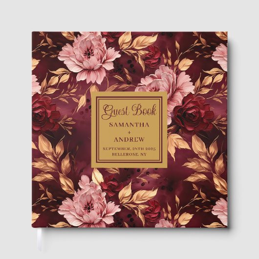 赤面エレガントブルゴーニュ金ゴールド結婚フローラ ゲストブック (正面)