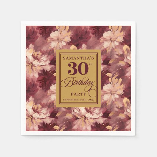 赤面エレガントブルゴーニュ金ゴールド30th誕生日パーティー スタンダードカクテルナプキン (正面)