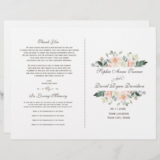 赤面エレガントホワイトクリームフローラ結婚式 プログラム (正面/裏面)