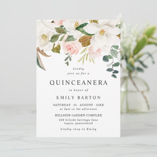 赤面エレガントホワイトフローラキンセアニェラ15位パーティー 招待状 (スタンド正面)