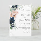 赤面エレガントポピズネイビーフローラシルバー結婚ズ 招待状 (スタンド正面)