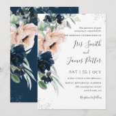 赤面エレガントポピズネイビーフローラシルバー結婚ズ 招待状 (正面/裏面)