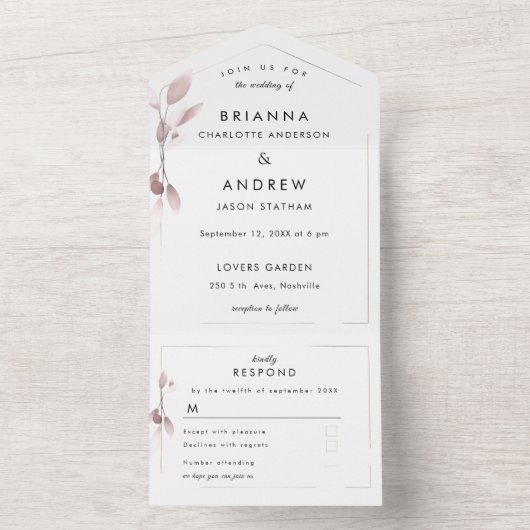 赤面エレガント植物全て1つの結婚式の招待 オールインワン招待状 (内側)