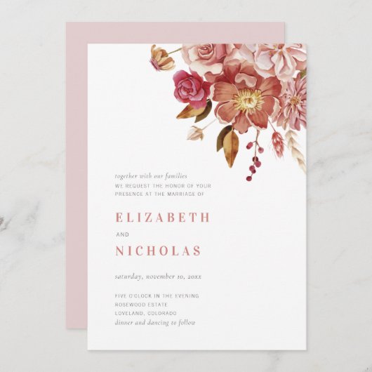 赤面エレガント水彩フローラ結婚ズ 招待状 (正面/裏面)