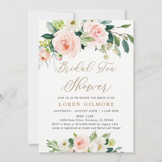 赤面エレガント水彩ブライダルティーシャワーインビタット 招待状 (正面)