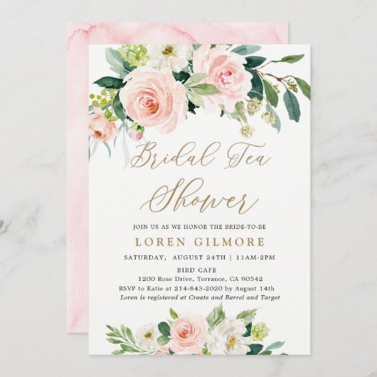 赤面エレガント水彩ブライダルティーシャワーインビタット 招待状 (正面/裏面)