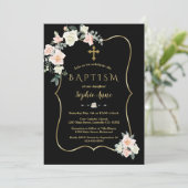 赤面エレガント白い花金ゴールド黒バプテスマ 招待状 (スタンド正面)