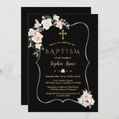 赤面エレガント白い花金ゴールド黒バプテスマ 招待状 (正面/裏面)