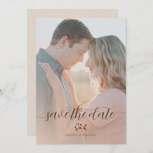 赤面エレガント秋フローラ結婚式日付の保存 招待状 (正面/裏面)