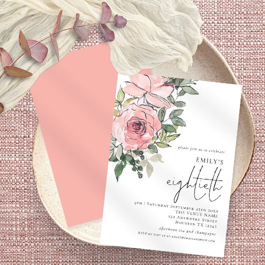 赤面エレガント花模様80歳の誕生日パーティー 招待状