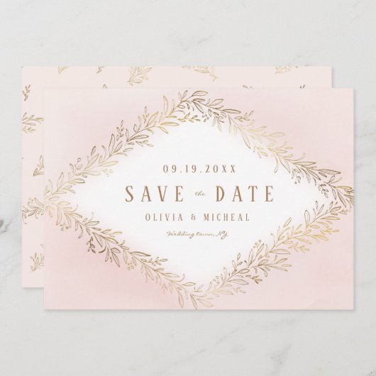 赤面エレガント金ゴールドの植物の葉は日付を保存 セーブザデート (正面/裏面)