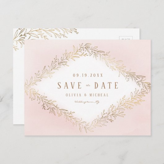 赤面エレガント金ゴールドの植物の葉は日付を保存 案内ポストカード (正面/裏面)