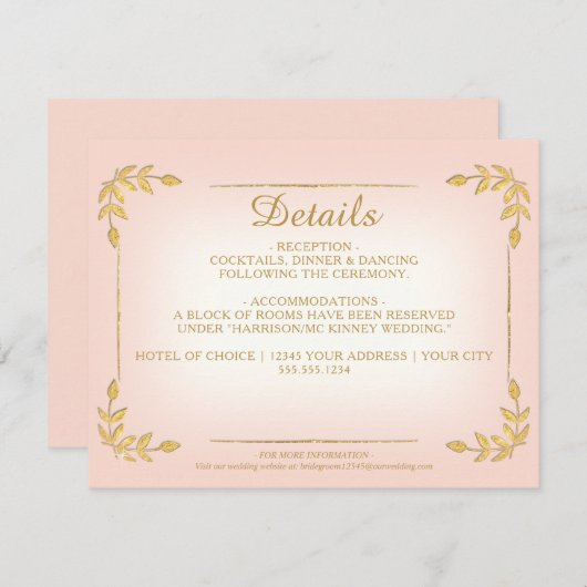 赤面エレガント金ゴールドグリーナリークライ結婚ズ詳細 招待状 (正面/裏面)