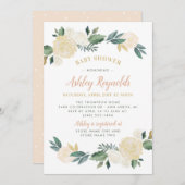 赤面エレガント金ゴールドグリーンフローラガールベビーシャワー 招待状 (正面/裏面)