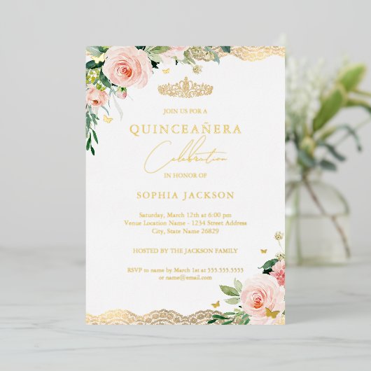 赤面エレガント金ゴールドフローラレースフォトキンセアニェラ 箔招待状 (立ち正面)