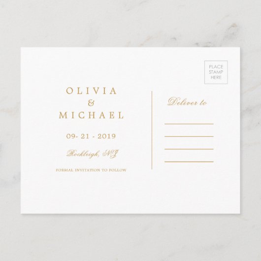 赤面エレガント金ゴールド書記日時の保存 案内ポストカード (裏面)