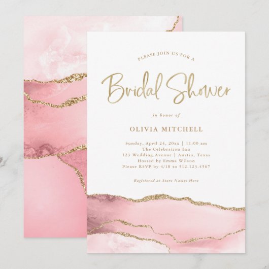 赤面エレガント・ピンク・エーゲート(金ゴールド) |ブライダルシャワー 招待状 (正面/裏面)