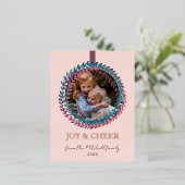 赤面カスタムピンクティール(緑がかった色)ブルーリースバラ金ゴールド 箔シーズンポストカード (立ち正面)