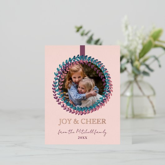 赤面カスタムピンクティール(緑がかった色)ブルーリースバラ金ゴールド 箔シーズンポストカード (立ち正面)