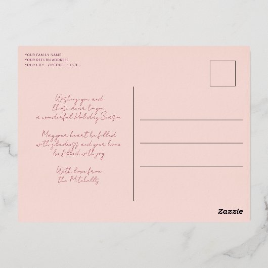 赤面カスタムピンクティール(緑がかった色)ブルーリースバラ金ゴールド 箔シーズンポストカード (裏面)