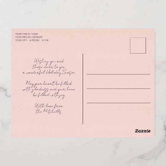 赤面カスタムピンクティール（緑がかった色）ブルーリースバラ金ゴールド 箔シーズンポストカード (裏面)