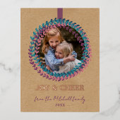 赤面カスタムピンクティール（緑がかった色）ブルーリースバラ金ゴールド 箔シーズンポストカード (正面)