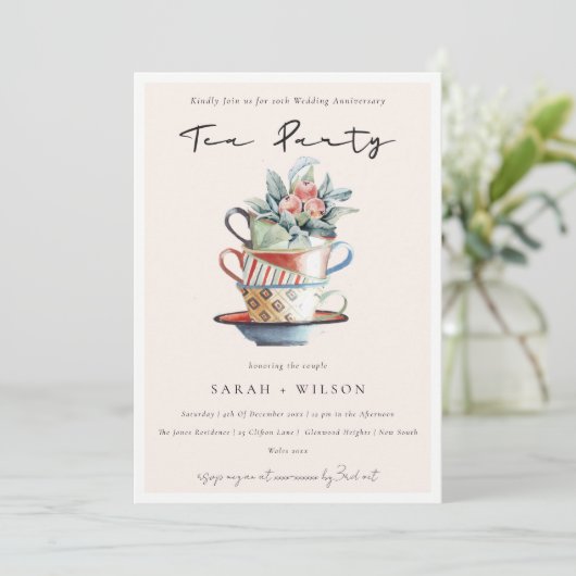 赤面カップ任意の年の記念日ティーパーティー招待状 サンキューカード (スタンド正面)