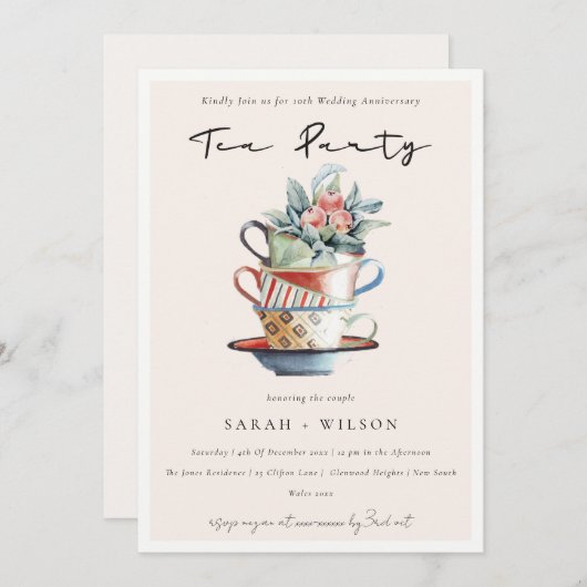 赤面カップ任意の年の記念日ティーパーティー招待状 サンキューカード (正面/裏面)