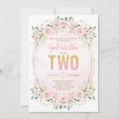 赤面ガーデンフローラピンク金ゴールドガール2nd Birthday 招待状 (正面)