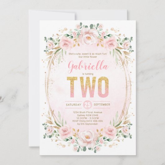 赤面ガーデンフローラピンク金ゴールドガール2nd Birthday 招待状 (正面)
