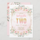 赤面ガーデンフローラピンク金ゴールドガール2nd Birthday 招待状 (正面/裏面)