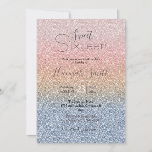 赤面ガーリーバラ金ゴールドブルーグラデーショングリッタースパークルズ 招待状 (正面)