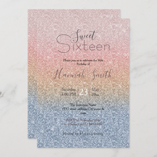 赤面ガーリーバラ金ゴールドブルーグラデーショングリッタースパークルズ 招待状 (正面/裏面)