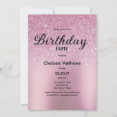 赤面ガーリーピンクのグラデーショングリッター誕生日パーティー 招待状 (正面)