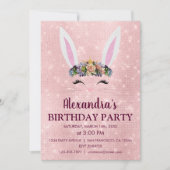 赤面ガーリーピンクイースターバニー誕生日パーティー 招待状 (正面)