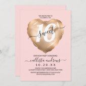 赤面ガーリーピンクゴールドフォイルハートバルーンスウィート16 招待状 (正面/裏面)