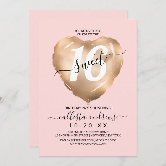 赤面ガーリーピンクゴールドフォイルハートバルーンスウィート16 招待状 (正面/裏面)