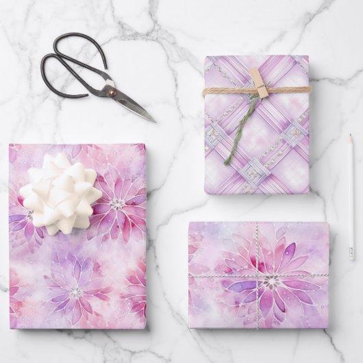 赤面ガーリーピンクシックラベンダーフローラ誕生日 ラッピングペーパーシート (正面)