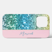 赤面ガーリーピンクスパークルブルーティール(緑がかった色)レインボーグリッター Case-Mate iPhoneケース (裏面 (横))