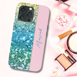 赤面ガーリーピンクスパークルブルーティール(緑がかった色)レインボーグリッター iPhone 13 PROケース