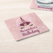 赤面ガーリーピンクスパークルユニコーン誕生日パーティー スクエアペーパーコースター (アングル)