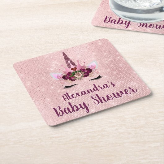 赤面ガーリーピンクスパークルユニコーン赤ちゃんシャワー スクエアペーパーコースター (アングル)